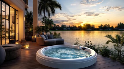 Obraz premium Serene Sunset View from Deck with Hot Tub and Calm Water Reflection