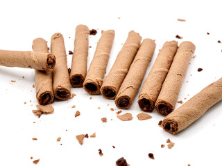 Delicious Chocolate Wafer Rolls Isolated on a White Background