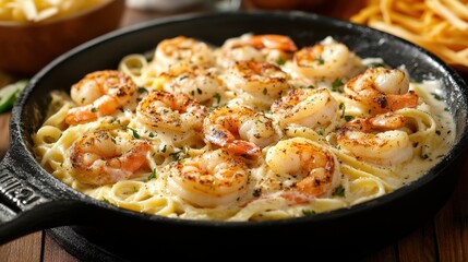 Creamy shrimp fettuccine in a cast iron skillet. Perfect for restaurant menus, food blogs, or recipe websites.