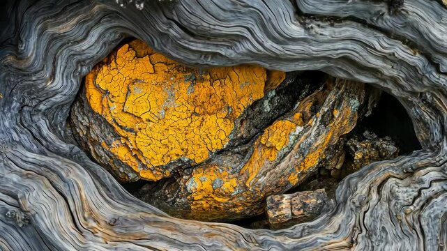 Colorful lichen on ancient tree bark reveals nature's intricate beauty in a tranquil forest