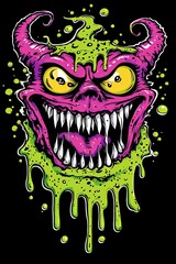 A cartoon illustration of a pink monster with horns, sharp teeth, and dripping green slime.