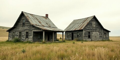 Obraz premium Two weathered wooden farmhouses stand abandoned in a field of tall grass