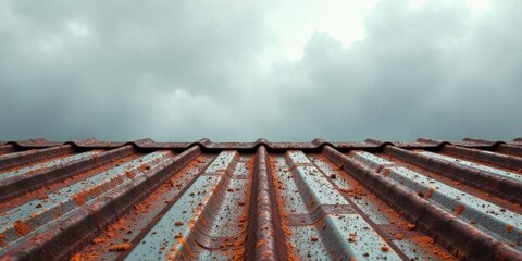 Rustic corrugated metal roofing texture under a cloudy sky, showing signs of age and weathering