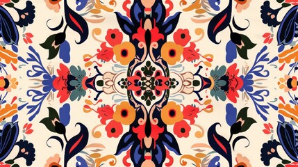 A vibrant floral pattern featuring symmetrical designs and bold colors.