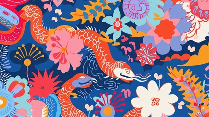 Obraz premium A vibrant illustration featuring colorful flowers and a stylized snake amidst a lively background.