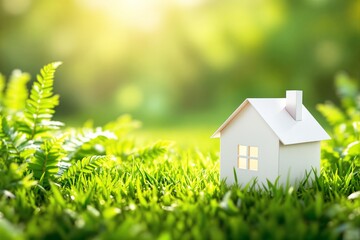 Miniature white house placed on vibrant green grass surrounded by fresh ferns, with sunlight creating a warm atmosphere. Concept of eco-living. Ai generative