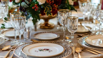 Elegant table setting with gold-rimmed plates, crystal glasses, and a floral centerpiece.