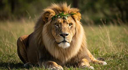 Fototapeta premium Majestic lion resting in grass with leaf crown in nature scene