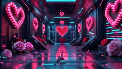 Fototapeta premium Neon Valentine Heart Design with Glowing Pink Lights and Futuristic Background, cyber love