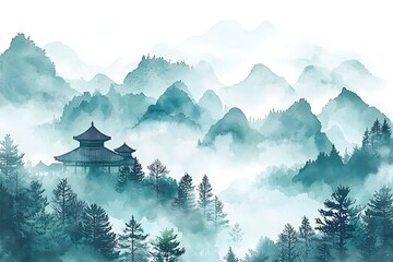 Serene Watercolor Painting of a Misty Mountain Landscape with a Traditional Asian Temple.