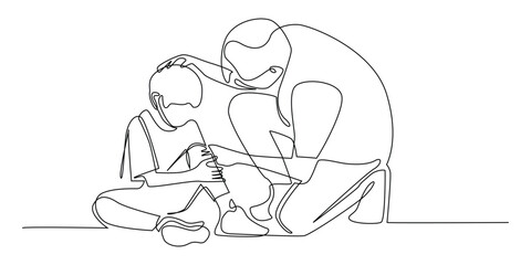 continuous line drawing of a man helping a fallen child.one line drawing of a fallen child holding his knee and being helped by an adult man.single line vector illustration