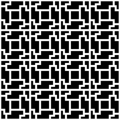 Seamless black and white geometric pattern, featuring an abstract design with a puzzle arrangement. Suitable for backgrounds, wallpapers, textiles, fabrics and various creative projects.