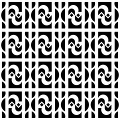 Seamless black and white geometric pattern, featuring a symmetrical design with curved abstract shapes. Suitable for backgrounds, wallpapers, textiles, fabrics and various creative projects.