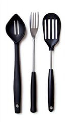 Elegant Kitchen Utensils: A Trio of Black and Metal Cooking Tools