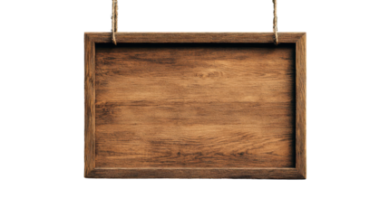 Rustic wooden sign hanging from jute rope on white background for decoration, announcements, or promotional messages. Ideal for indoor and outdoor usage.