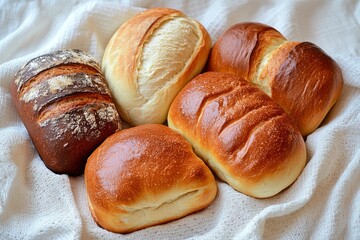 Homemade natural breads. Different kinds of fresh bread as background, top view with copy space. 