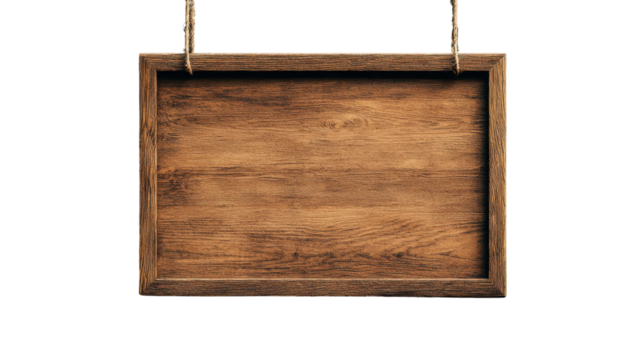 Rustic wooden sign hanging from jute rope on white background for decoration, announcements, or promotional messages. Ideal for indoor and outdoor usage.