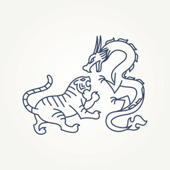 minimalist tiger and dragon fight line art icon logo vector illustration design