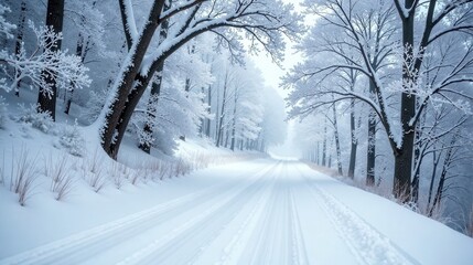 Obraz premium Serene winter road through a snow-covered forest, tire tracks in the pristine snow