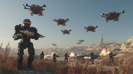 A futuristic battlefield with autonomous drones and exoskeleton-clad soldiers