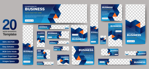 Set of business banner templates with blue background. Modern technology design, abstract background layout with photos. Editable Vector collection corporate banner.