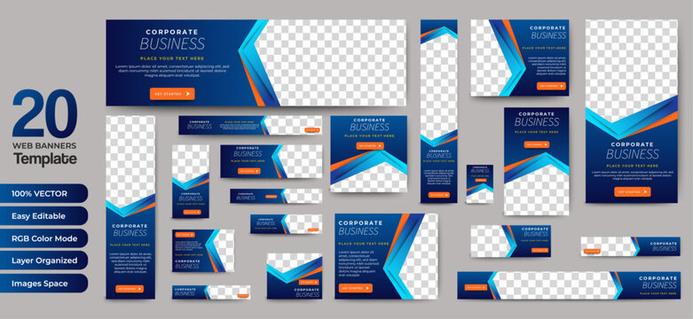 Set of business banner templates with blue background. Modern technology design, abstract background layout with photos. Editable Vector collection corporate banner.