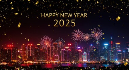 Obraz premium Happy new year 2025 celebration with fireworks over city skyline