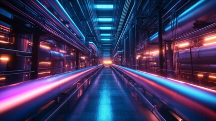 Futuristic fluid dynamics facility with glowing liquid energy pipelines