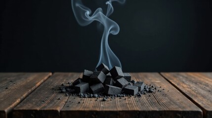 Smoldering Cubes of Charcoal on Rustic Wood Surface with Rising Smoke