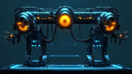 Advanced robotic repair station with glowing energy cores and automated maintenance drones