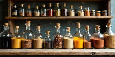 A Rustic Wooden Shelf Displaying an Array of Glass Bottles Filled with Various Spices and Seasonings