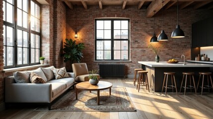 Sunlit Loft Apartment with Industrial Design Elements and Modern Kitchen