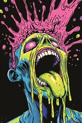 A vibrant illustration of a screaming skull with bright pink, yellow, and blue paint splatters.