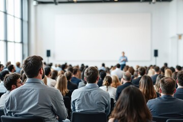 Fototapeta premium Audience of business professionals in a conference setup, focusing on the speaker in a bright, modern seminar hall. Concept of corporate events. Ai generative