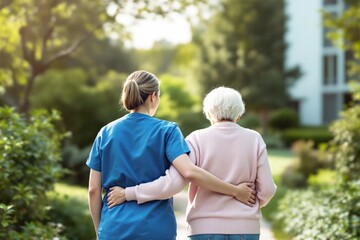 Caregiver assisting elderly woman outdoors, walking arm-in-arm in a serene garden setting. Natural lighting highlights care and support concept. Ai generative
