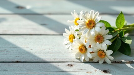 Fototapeta premium Sunlight illuminates a delicate bouquet of daisies resting on a weathered wooden surface