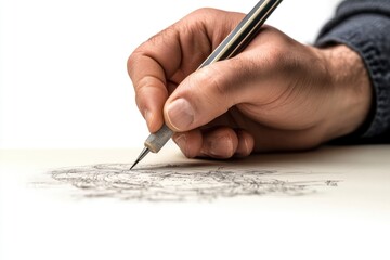 Male hand drawing a chart isolated on white background