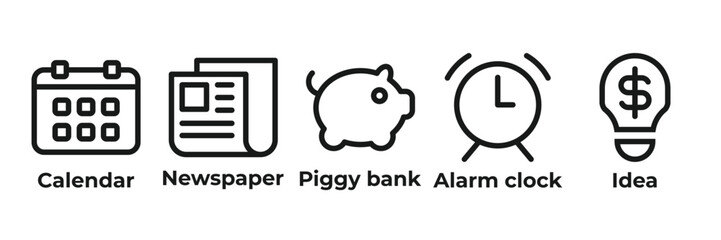 Timely Ideas for Financial Planning Icons set vector illustration with calendar, newspaper, piggy bank, alarm clock, idea