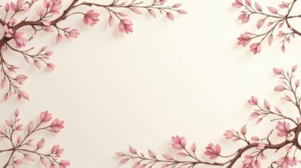 Fototapeta premium Delicate Pink Blossom Branches Frame on Cream Background