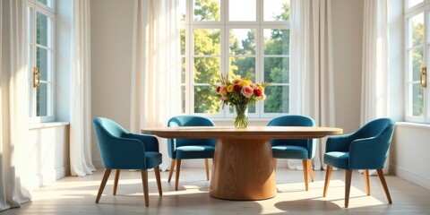 Sunlit Dining Room with Wooden Table and Teal Chairs