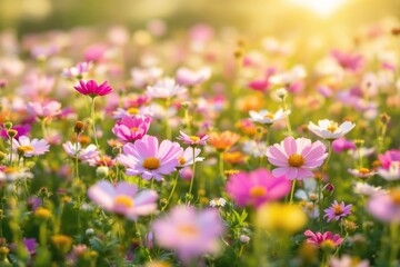 Vibrant meadow of blooming pink, white, and orange flowers bathed in soft sunlight, creating a tranquil and cheerful atmosphere of nature. Ai generative