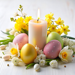 Obraz premium easter eggs and flowers with candle