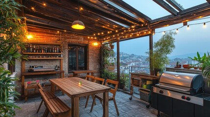 Obraz premium Cozy Outdoor Dining Area with Grill and Scenic City View
