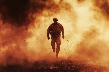 Fototapeta premium Man, soldier and run in explosion with battle, smoke or fire in overlay for copy space. Person, veteran and walking in war with enemy in freedom, defence or security for country with armed forces