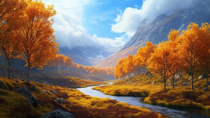 Fototapeta premium Autumn valley views, golden trees lining a valley floor with a meandering river shining under an azure sky