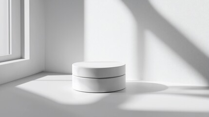 Minimalist white cylindrical display stand in sunlit corner.