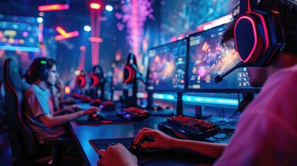 Gamers engaged in a competitive esports event with vibrant lighting and multiple screens.