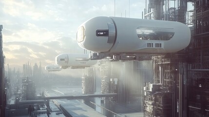 Naklejka premium Futuristic transport hub with magnetic levitation systems moving industrial cargo