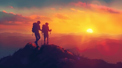 Obraz premium Two hikers silhouetted against a vibrant sunset in a mountainous landscape.