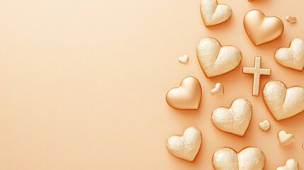 Fototapeta premium Golden Hearts and Cross on Peach Background